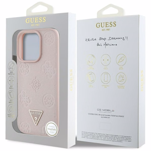 Guess Grained Hot Stamp Peony Triangle Logo MagSafe Suojakuori iPhone 16 Pro:lle - vaaleanpunainen
