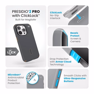 Speck Presidio2 Pro ClickLock MagSafe suojakuori iPhone 15 Pro -laitteelle, hiilenharmaa ja kylmän pronssin sävyinen