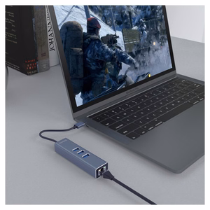Savio AK-57 USB-A - 3x USB-A -keskitin RJ-45 Gigabit Ethernet -adapterilla, USB 3.2 Gen 1, musta/harmaa