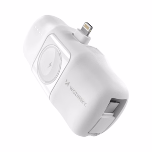 Wozinsky WF16-YLS 5000mAh 15W Lightning Mini Power Bank, jossa on sisäänrakennettu USB-C-kaapeli ja Apple Watch -laturi - Valkoinen