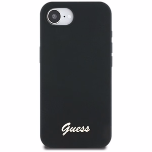 Guess HC Silikoninen Script Metal Logo Suojakuori iPhone 16e:lle - Musta