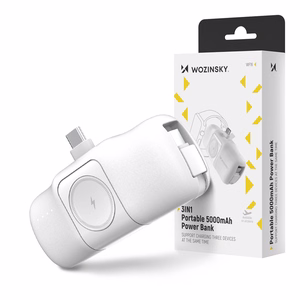 Wozinsky WF16-YCS 5000mAh 15W USB-C Mini Power Bank, jossa on sisäänrakennettu USB-C-kaapeli ja Apple Watch -laturi - Valkoinen
