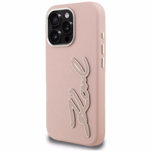 Karl Lagerfeld FW Grained Signature Logo Suojakuori iPhone 16 Pro Max - vaaleanpunainen