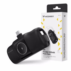 Wozinsky WF16-YCS 5000mAh 15W USB-C Mini Power Bank, jossa on sisäänrakennettu USB-C-kaapeli ja Apple Watch -laturi - musta