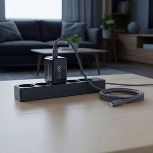 Forcell F-Energy GaN III Crystal Color VT-60 -puhelinlaturi, 2 × USB-C, AVS, SSFC3.0, 60 W, USB-C–USB-C-silikonikaapeli, musta