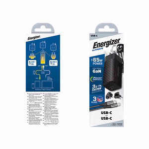 Energizer Ultimate A65MUC GaN-matkalaturi EU-, UK- ja US-pistokkeilla, USB-C + USB-A, 65 W PD, USB-C-kaapelilla, musta