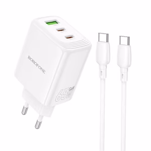 Borofone seinälaturi BN32 Cargador GaN - USB + 2xType C - QC 3.0 PD 65W Type C - Type C -kaapelilla valkoinen