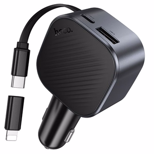 Hoco Z68 -autolaturi, USB-A + USB-C, PD QC3.0, 45 W, ulosvedettävä USB-C-kaapeli, musta