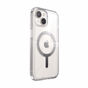 Speck GemShell Grip MagSafe -suojakuori iPhone 17e / 16e / 15 / 14 / 13 -laitteelle, läpinäkyvä krominvärisillä yksityiskohdilla