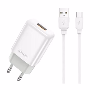 Laturi Jellico EU01 2.4A USB-A + USB-A-USB-C-kaapeli 1.0m valkoinen