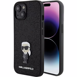 Karl Lagerfeld Fixed Glitter Ikonik Logo Metal Pin suojakuori iPhone 15:lle - musta