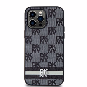 DKNY Nahkainen Checkered Mono Pattern & Printed Stripes Suojakuori iPhone 14 Pro Max:lle - musta