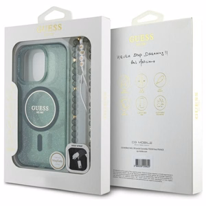 Guess IML Glitter With Pearl Strap MagSafe Suojakuori iPhone 16 Pro Max:lle - Vihreä