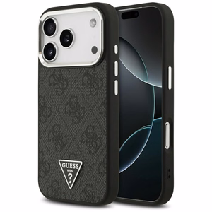 Guess MagSafe 4G PU Nahkainen Suojakuori Triangle Logo ja Hopeinen Metallikehys iPhone 17 Pro:lle - Musta