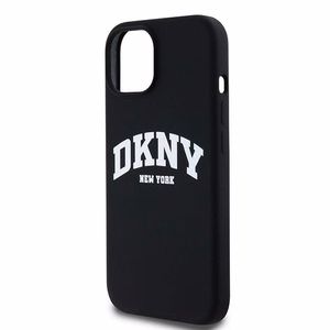 DKNY Liquid Silikoninen White Printed Logo MagSafe Suojakuori iPhone 15 Plus / 14 Plus:lle - musta