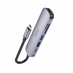 Sovitin Hoco HB28 Type-C monitoiminen HDMI+USB3.0+USB2.0+SD+TF+PD harmaa