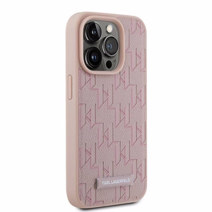 Karl Lagerfeld Nahkainen Monogram Metal Logo Suojakuori iPhone 15 Pro:lle - vaaleanpunainen