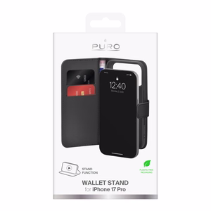 Puro Wallet Stand suojakuori iPhone 17 Pro:lle - ekotekonahkainen lompakko- ja jalustakuori, musta