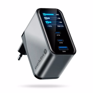 everActive GaN 67W – 67 W GaN-verkkolaturi, 1× USB-A ja 2× USB-C, Quick Charge 4+, musta
