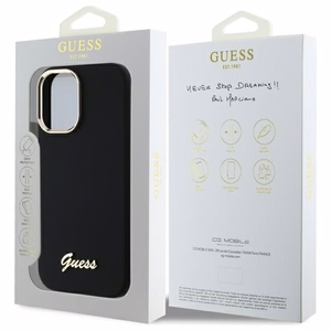 Guess Silicone Script Metal Logo & Frame Case for iPhone 16 Plus - Black