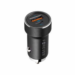 Forever CC-06 PD QC autolaturi 1x USB-C 1x USB 20W musta + USB-C - USB-C -kaapeli 60W