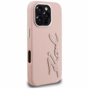Karl Lagerfeld FW Grained Signature Logo Suojakuori iPhone 16 Pro Max - vaaleanpunainen