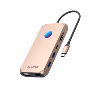 Orico XCR 12-in-1 RGB USB-C-telakointiasema 3x USB-A 3.1 1x USB-A 2.0 1x USB-C PD 100W 1x USB-C 3.1 1x HDMI 1.4 4K 30Hz 1x VGA 1080p 1x microSD/SD 3.0 1x RJ Gigabit Ethernet 1x Audio CTIA 3.5 mm - ruusukulta