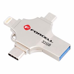 Muistitikku 32GB USB 3.2 Gen 1 (USB A / USB C / Lightning / Micro USB) Forcell F-Data Metal Quad hopeinen
