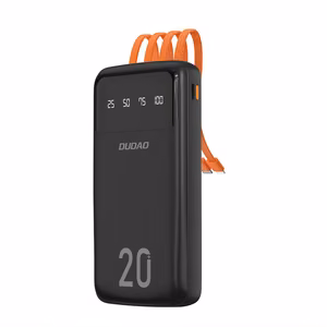 Dudao suuren kapasiteetin tehopankki 4 sisäänrakennetulla kaapelilla 20000mAh USB Type C + micro USB + Lightning + USB-A (tulo) - musta (Dudao K6Pro+)