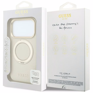 Guess Grained Classic Logo -suojakuori laitteelle iPhone 18 Pro / 17 Pro, 360° rengastuella, MagSafe-yhteensopiva – beige