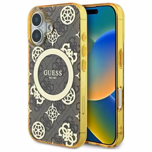 Guess IML Peony On 4G Background MagSafe Suojakuori iPhone 16:lle - ruskea