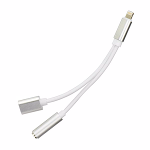 Sovitin AUX 2in1 Lightning (uros) - Lightning (naaras) / Jack 3,5 mm (naaras) hopeinen