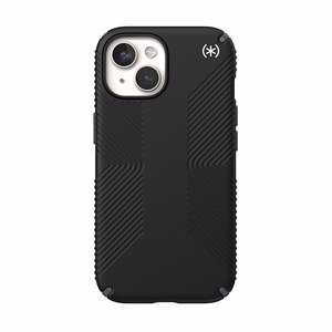 Speck Presidio2 Grip MagSafe suojakuori iPhone 17e / 16e / 15 / 14 / 13 -laitteelle, musta liuskeenharmailla yksityiskohdilla