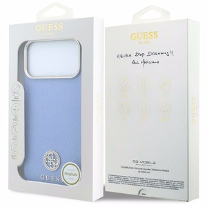 Guess Grained Round Strass Logo -suojakuori laitteelle iPhone 18 Pro / 17 Pro, MagSafe-yhteensopiva – sininen