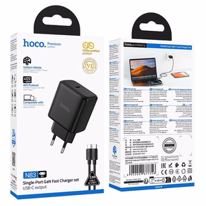 Puhelimen GaN-laturi Hoco USB C PD AVS 40W max 60W ja USB C–USB C kaapeli N83 musta