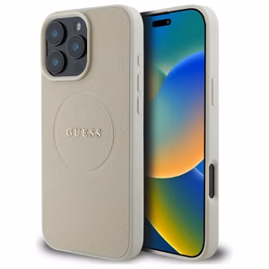 Guess Grained Gold Ring MagSafe Suojakuori iPhone 16 Pro Max:lle - Beige