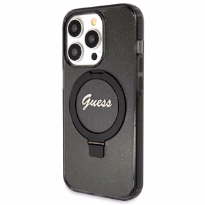 Guess Ring Stand Script Glitter MagSafe -suojakuori iPhone 14 Pro Maxille - musta