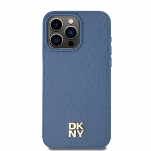 DKNY Nahkainen Monogram Pattern Metal Logo MagSafe Suojakuori iPhone 15 Pro Max:lle - Sininen