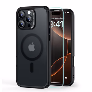 ESR Classic Hybrid Halolock MagSafe Suojakuori-setti + Karkaistu lasi iPhone 16 Pro Max:lle - puoliläpinäkyvä mustalla kehyksellä