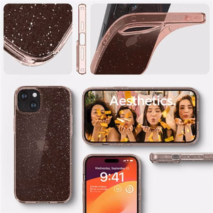 Spigen Liquid Crystal Glitter iPhone 15 Plus Suojakuori - Vaaleanpunainen/Kirkas