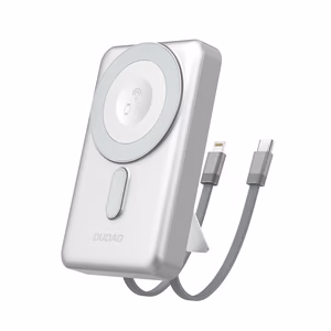 Dudao K29 10000mAh PD 20W MagSafe Powerbank metallikotelolla, jalustalla ja sisäänrakennetuilla USB-C / Lightning-kaapeleilla - hopea