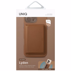 Uniq Lyden DS RFID-suojattu MagSafe-magneettikorttikotelo puhelimelle jalustalla – ruskea