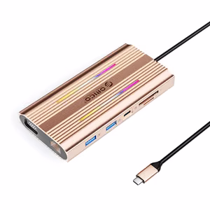 Orico XDR 12-in-1 RGB USB-C-telakointiasema 3x USB-A USB-C PD 100W HDMI 4K VGA RJ45 Gigabit SD- ja microSD-kortinlukija - ruusukulta