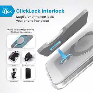 Speck Presidio Perfect-Clear -suojakuori MagSafe- ja ClickLock-tuella iPhone 16 Plus:lle, Clear/Chrome