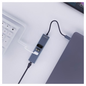 Savio AK-57 USB-A - 3x USB-A -keskitin RJ-45 Gigabit Ethernet -adapterilla, USB 3.2 Gen 1, musta/harmaa