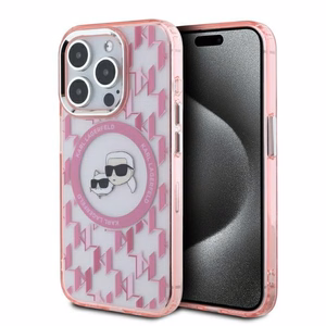 Karl Lagerfeld IML Monogram Karl & Choupette Head MagSafe Suojakuori iPhone 15 Pro:lle - Vaaleanpunainen