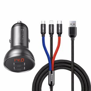 Baseus auton laturi naytolla 24W + kaapeli USB 3in1 Baseus Three Primary Colors 1,2m