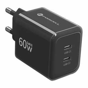 Forcell F-Energy GaN III Crystal Color VT-60 -puhelinlaturi, 2 × USB-C, AVS, SSFC3.0, 60 W, USB-C–USB-C-silikonikaapeli, musta
