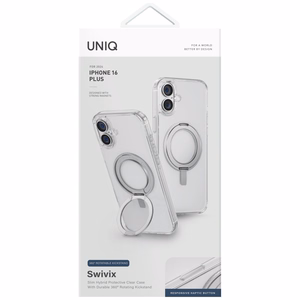 Uniq Swivix 360 Pyörivä Jalusta Suojakuori iPhone 16 Plus:lle - Läpinäkyvä