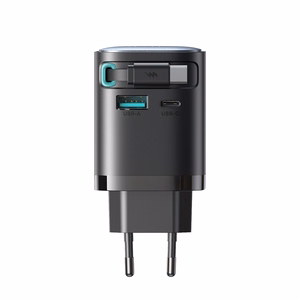 Joyroom JR-TCL02 65W USB-A USB-C GaN laturi sisäänrakennetulla USB-C kaapelilla - musta